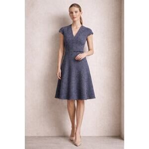 J McLaughlin Zinnia Tweed Dress Navy White Fringe A Line Size 10 NWT